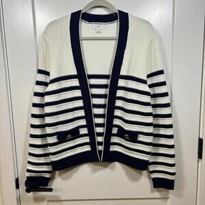 J. Crew Striped Open Cardigan Sweater Womens M Gold Button Pockets Nautical EUC